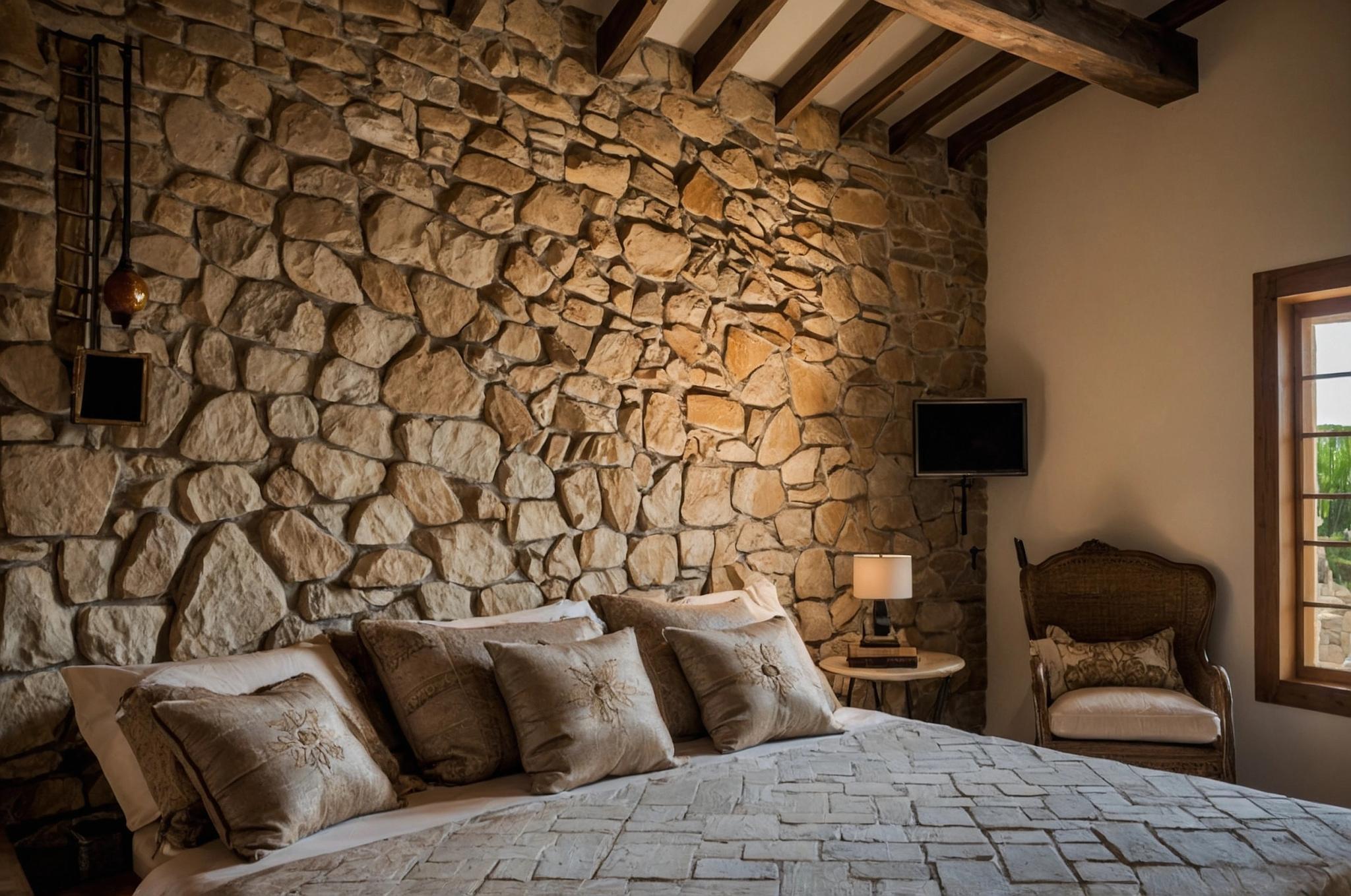 Chambre au mur avec pierre avec décoration chaleureuse à l'hôtel San Andrea